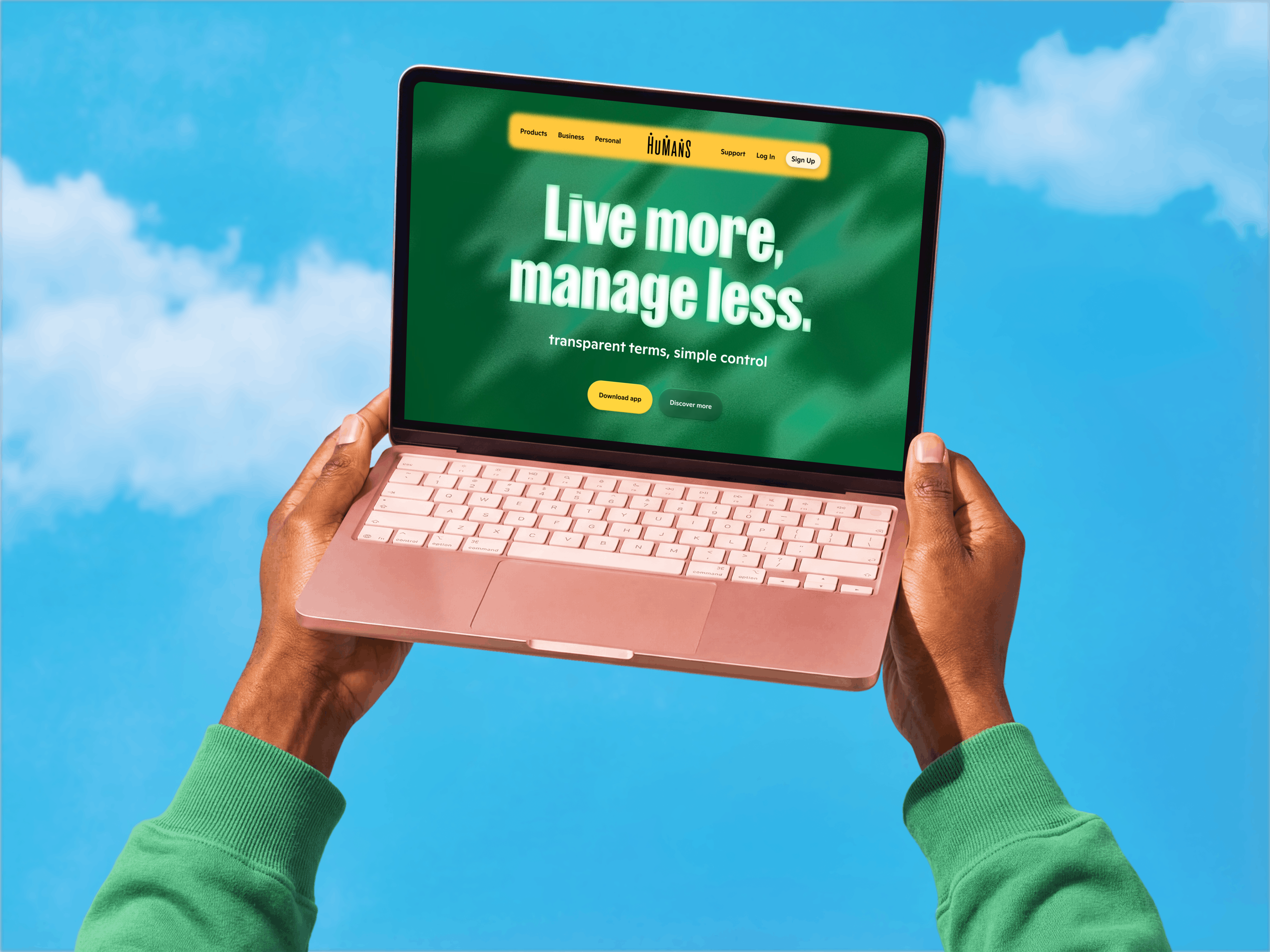 Humans laptop mockup with the message live more, manage less
