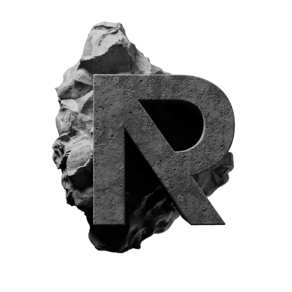 Detailed monochrome letter R sculpture for Schrift Foundry